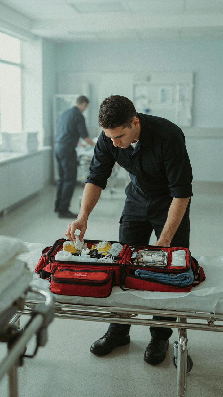 A paramedic quickly gets supplies from a multi-compartment medical bag.