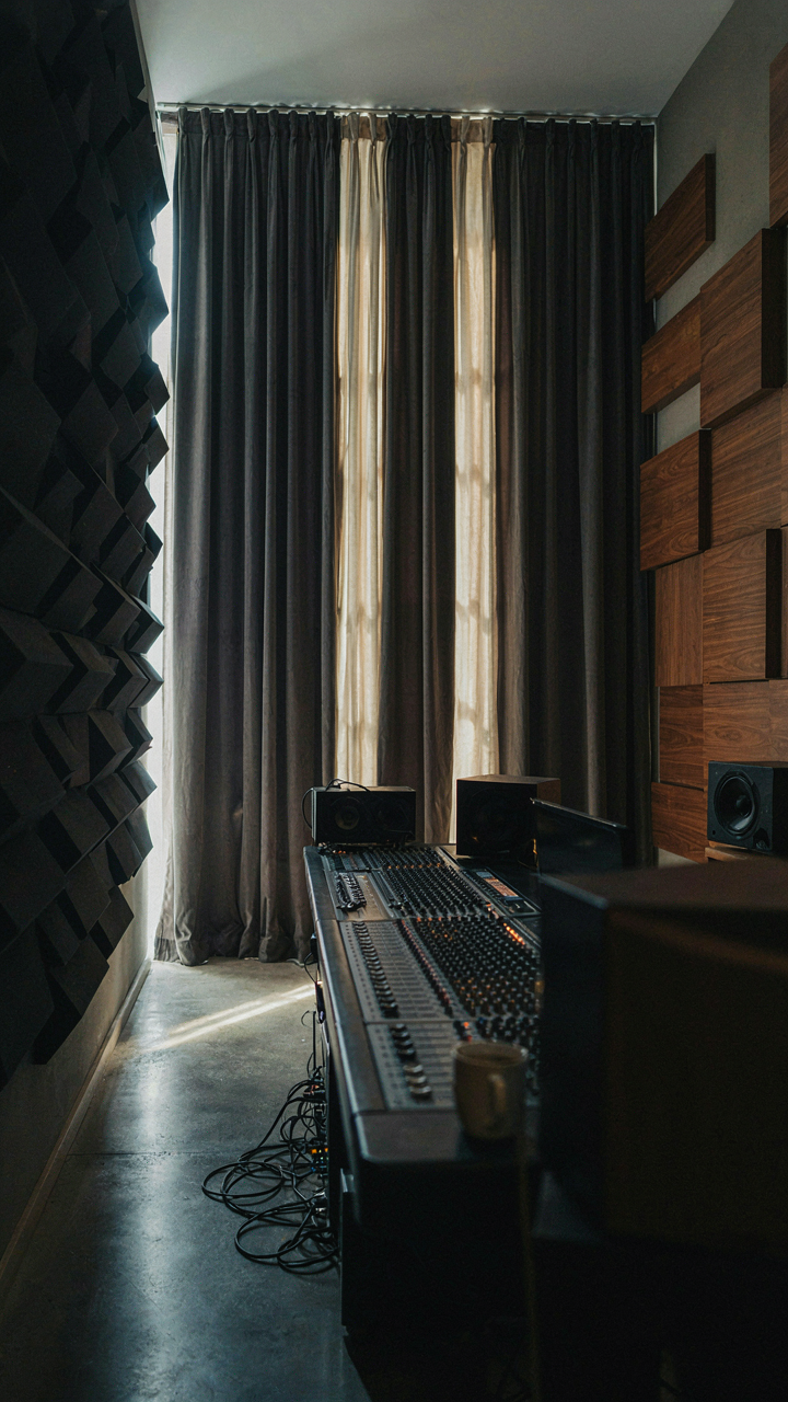 A sound studio has thick acoustic panels and heavy curtains to block noise.