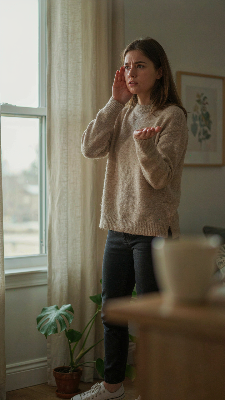 A person cups their ear, looking confused at a sound that seems too quiet.