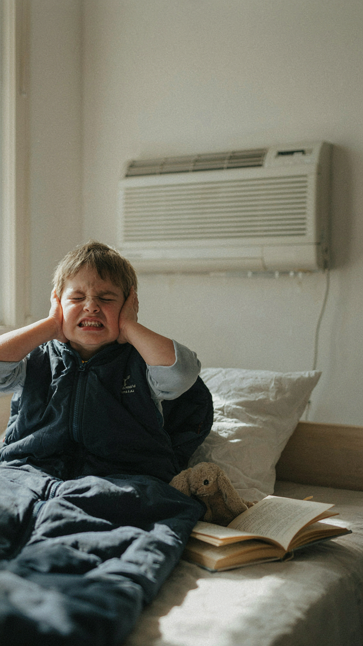 A child in a sleeping bag covers their ears.