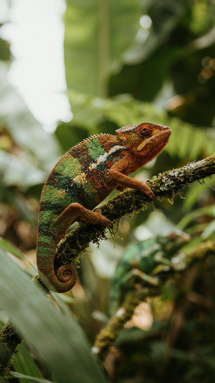 A chameleon changes its skin color to match its changing background.