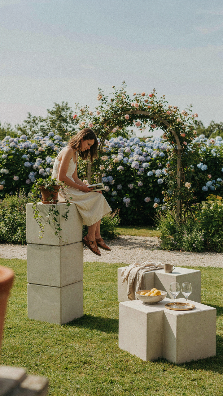 Modular seating blocks can be rearranged in a garden setting.