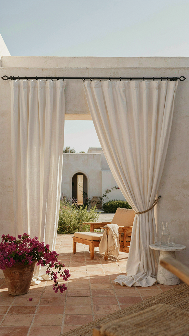 Outdoor curtains for patio are arranged in many ways on a patio.