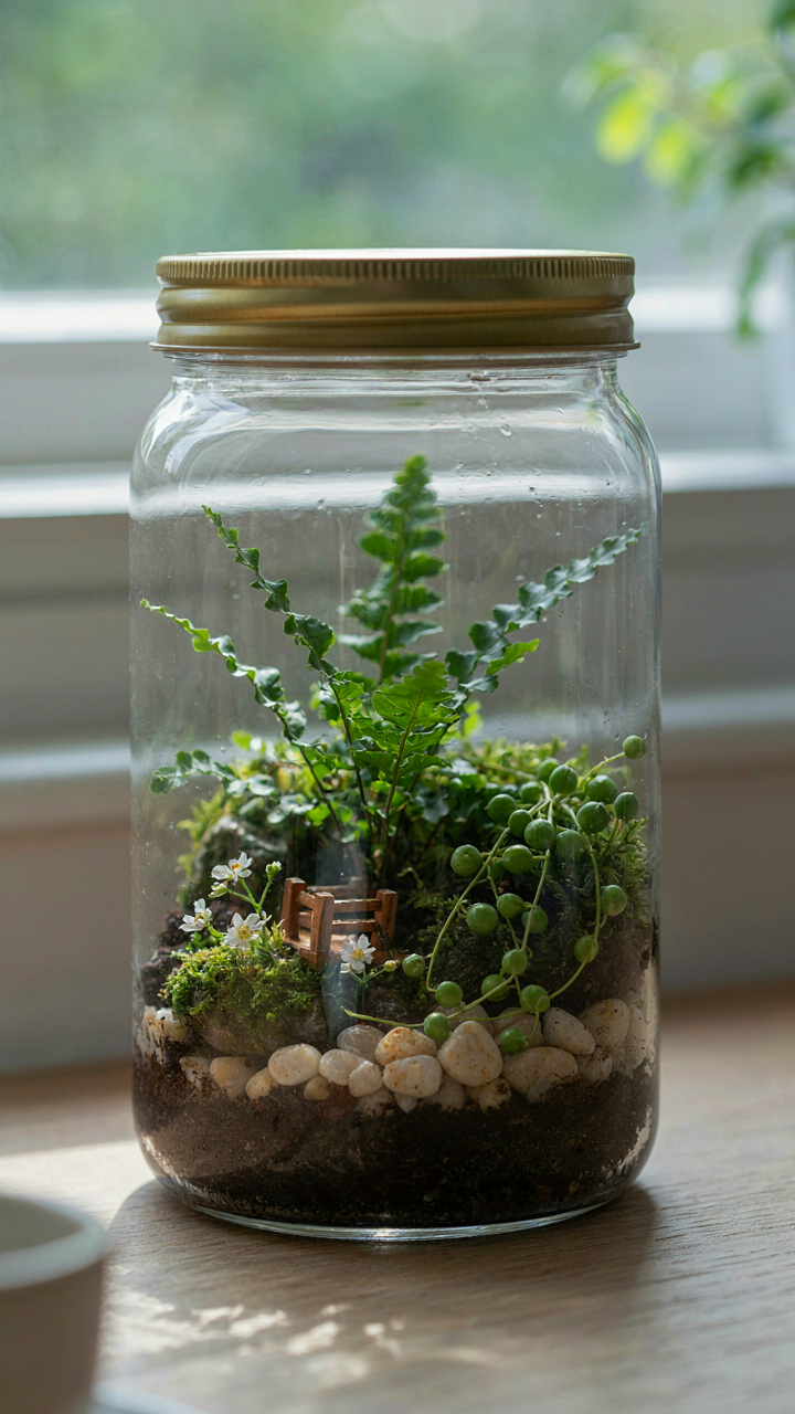 A thriving mini ecosystem is sealed inside a clear terrarium with plants.