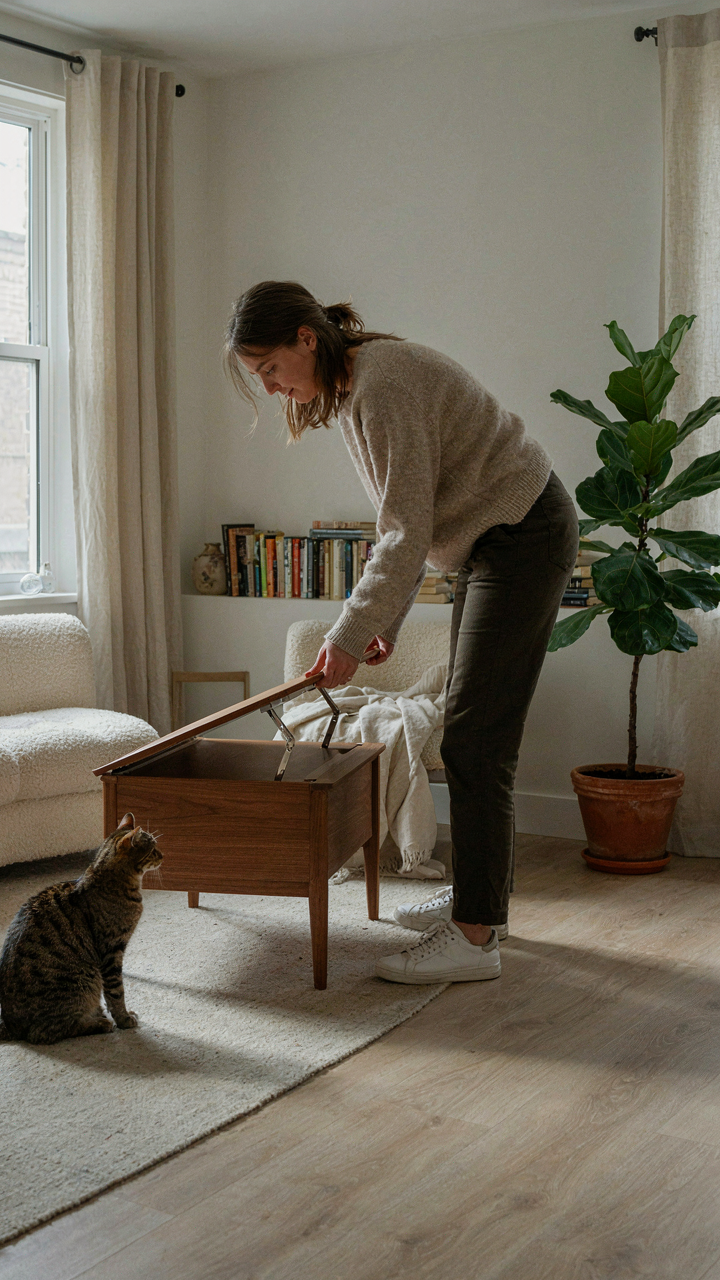 A person adjusts multi-functional furniture, making a small apartment feel spacious.
