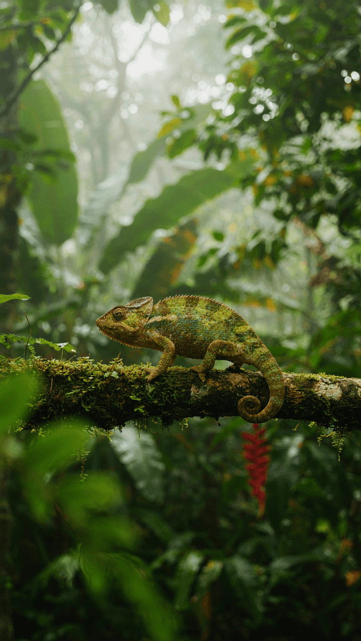 A chameleon camouflaged on a tree branch in a tropical place.
