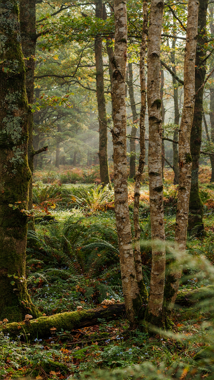 A diverse forest ecosystem with many different types of plants.