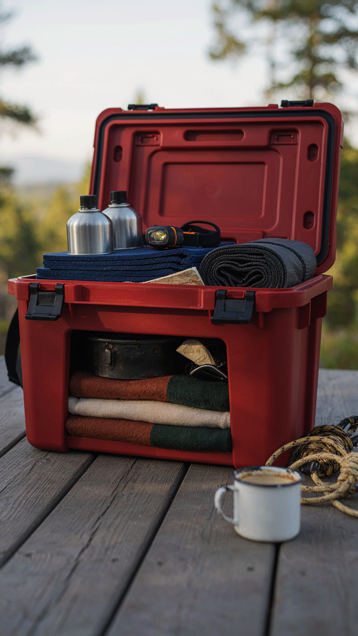 An open camping storage bin shows frequently used items easily accessible at the top.