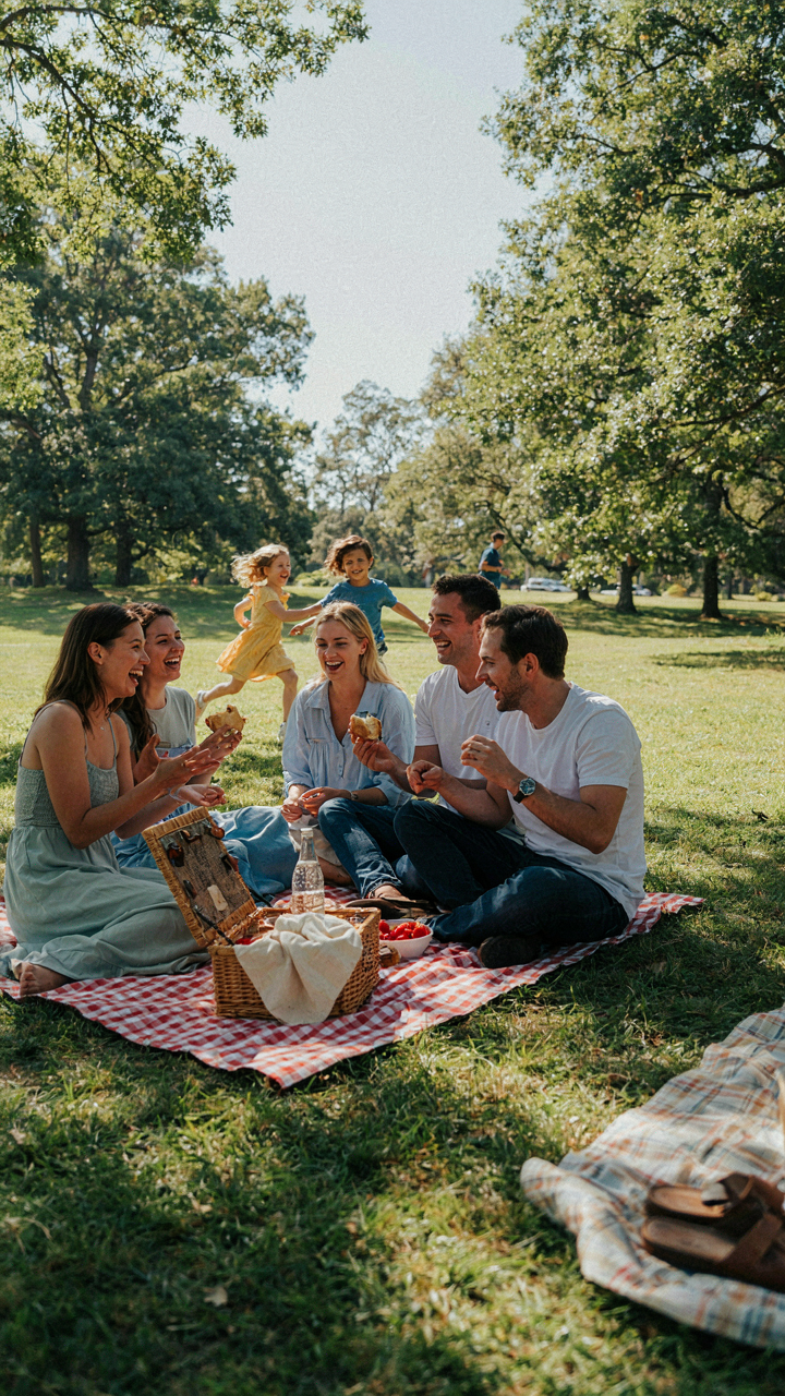 Adults chat on picnic blankets while kids play in the background.