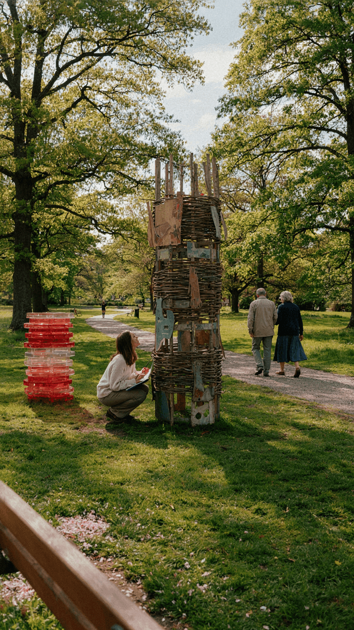 Seasonal art stands in a public park.