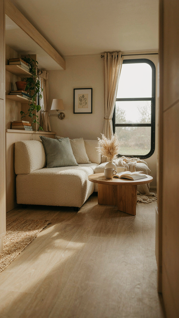 An RV interior features minimalist, functional curtains that match the decor.