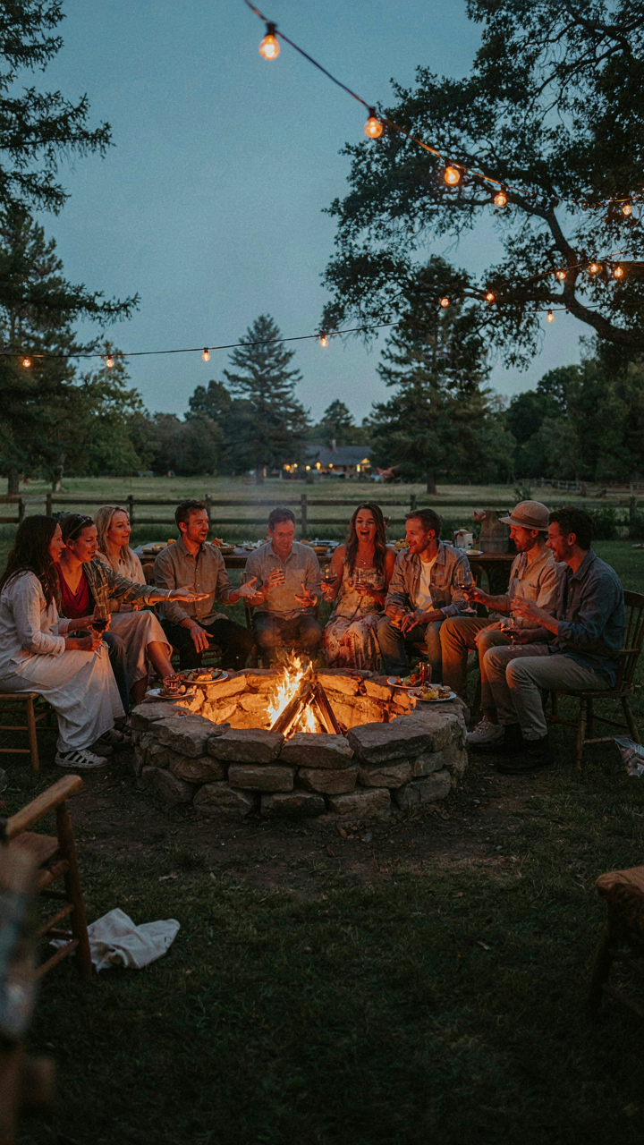 Guests linger around a fire pit with drinks after a family style outdoor dinner.