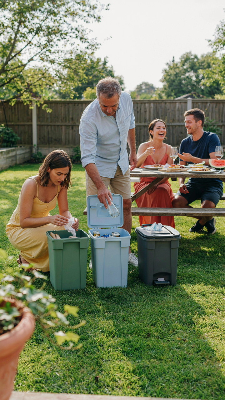 Three labeled bins for compost, recycling, and trash placed at a picnic.