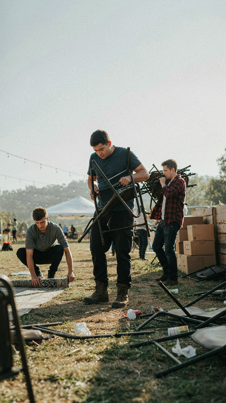 A team of workers efficiently dismantling an outdoor event setup.