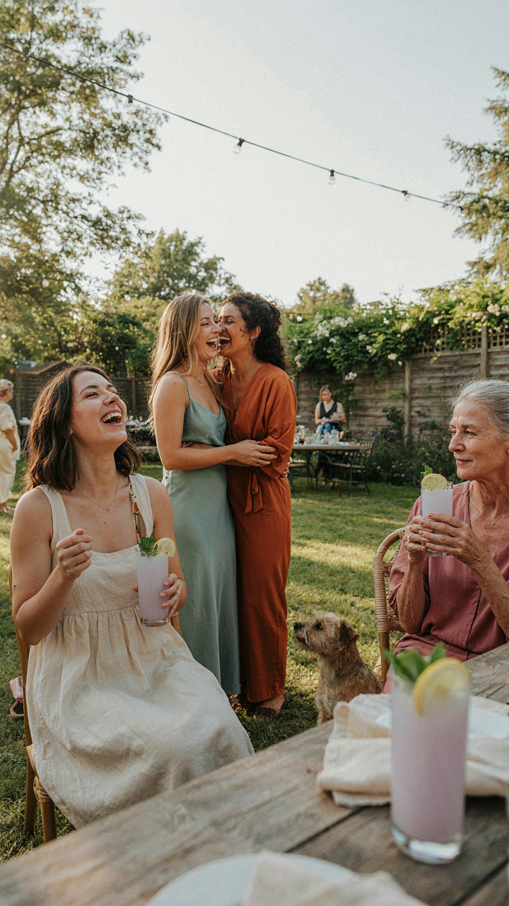 Party guests laugh and take photos with their lavender lemonade mocktails.