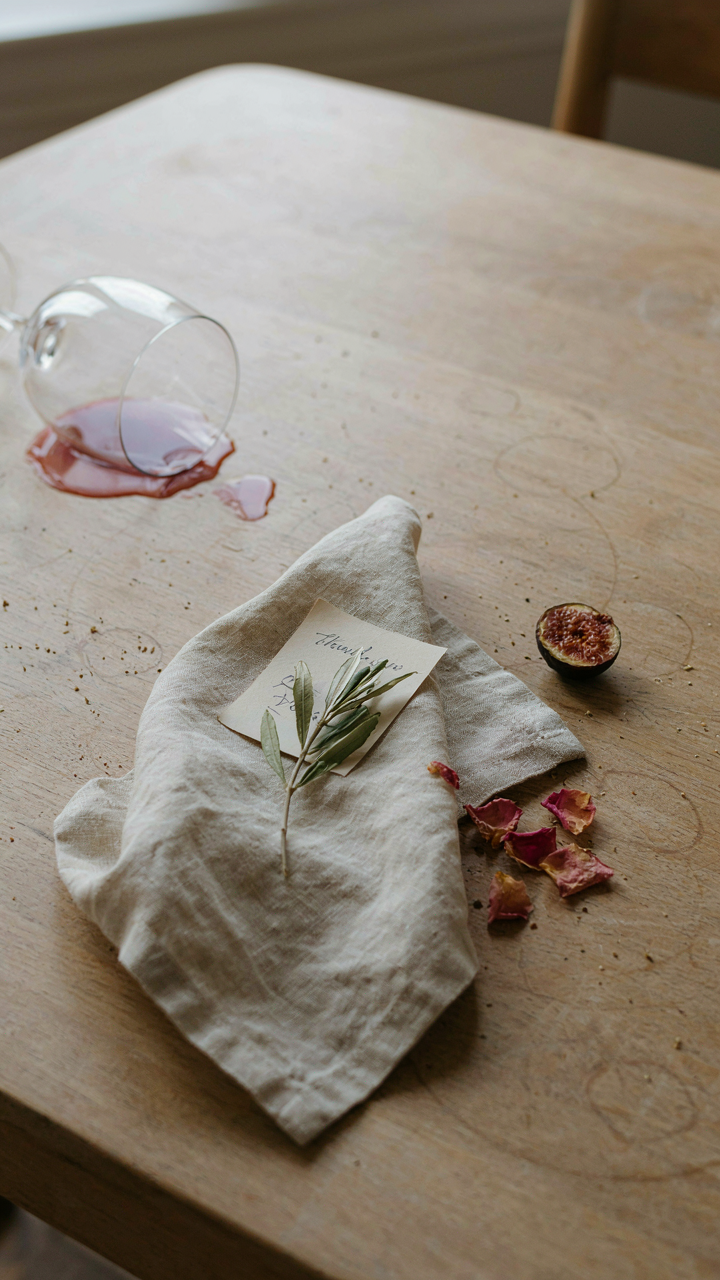 A handwritten thank-you note and dried olive branch on a napkin the morning after.