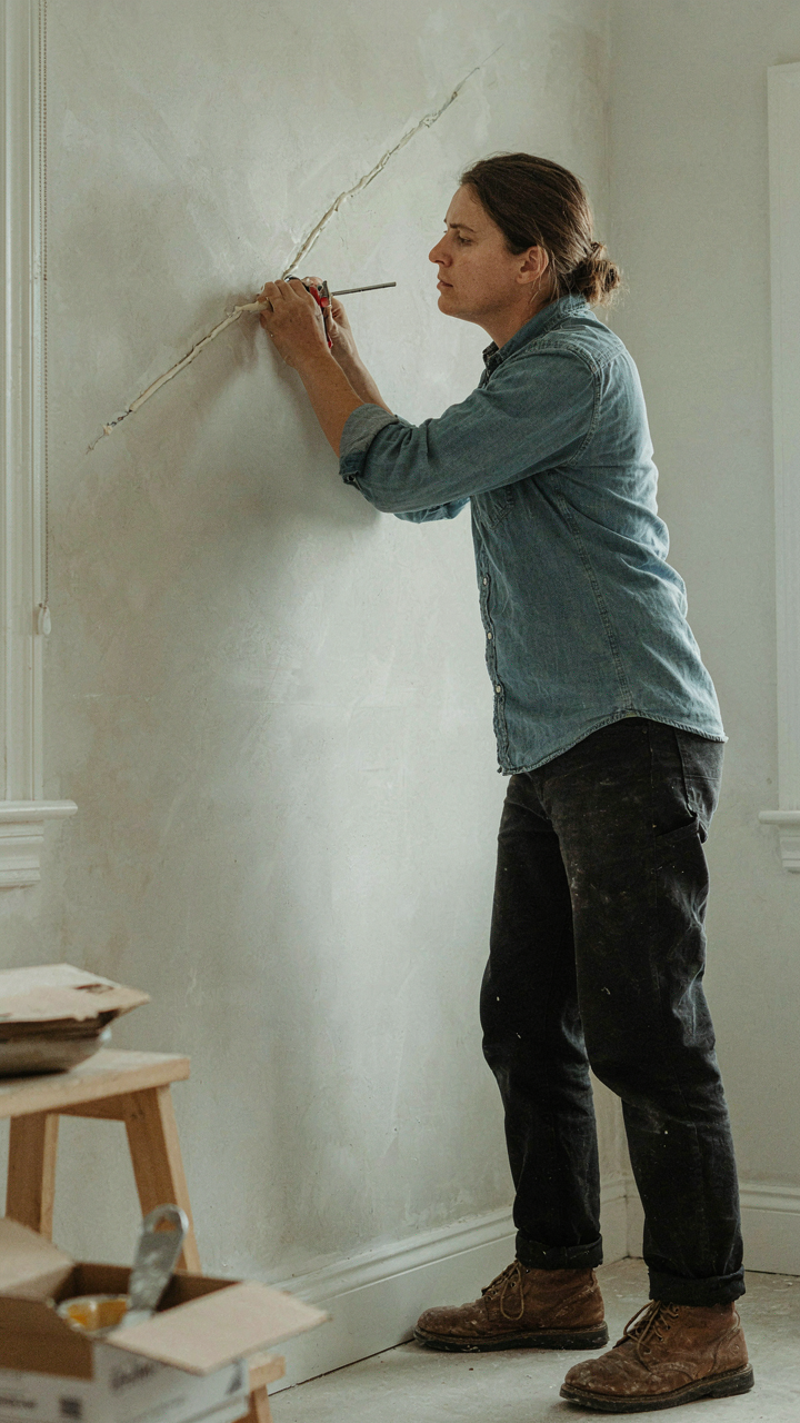 A person uses a caulk gun to seal a tiny crack.