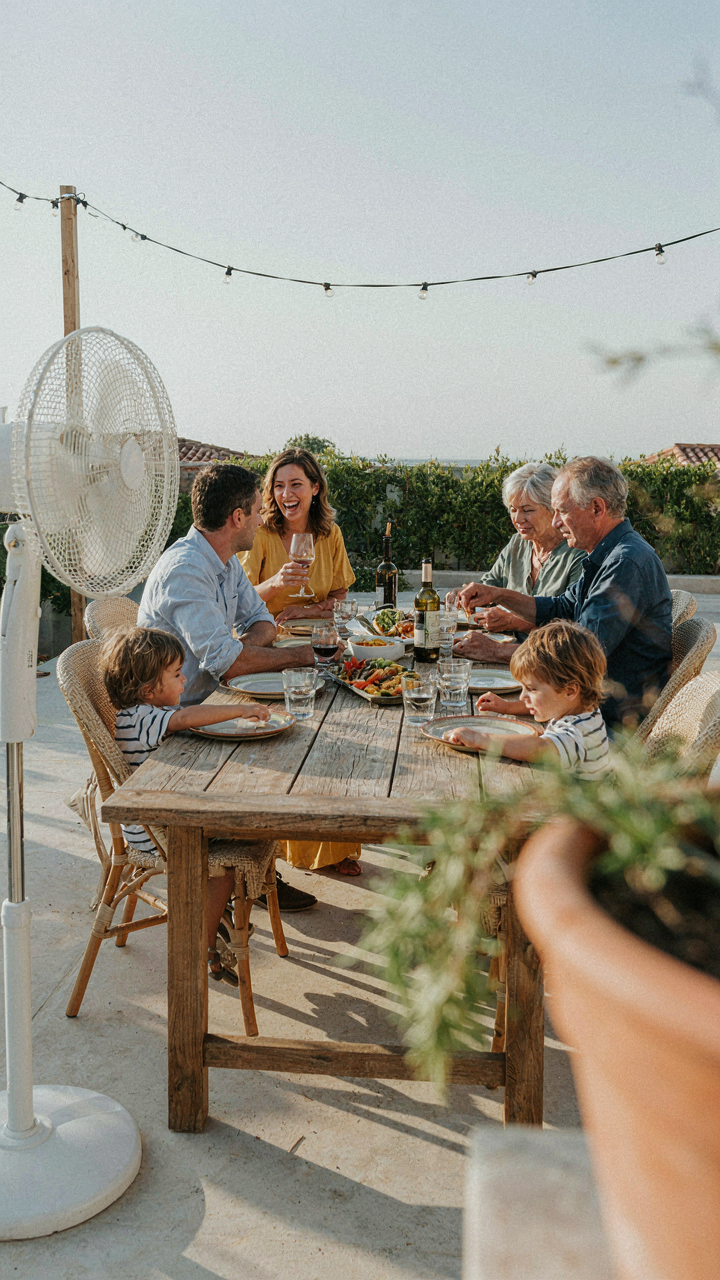 A tall oscillating fan creates a breeze over an outdoor dining area.