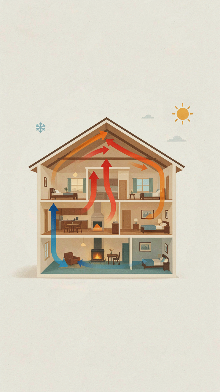 A diagram shows warm air rising and cold air sinking indoors.