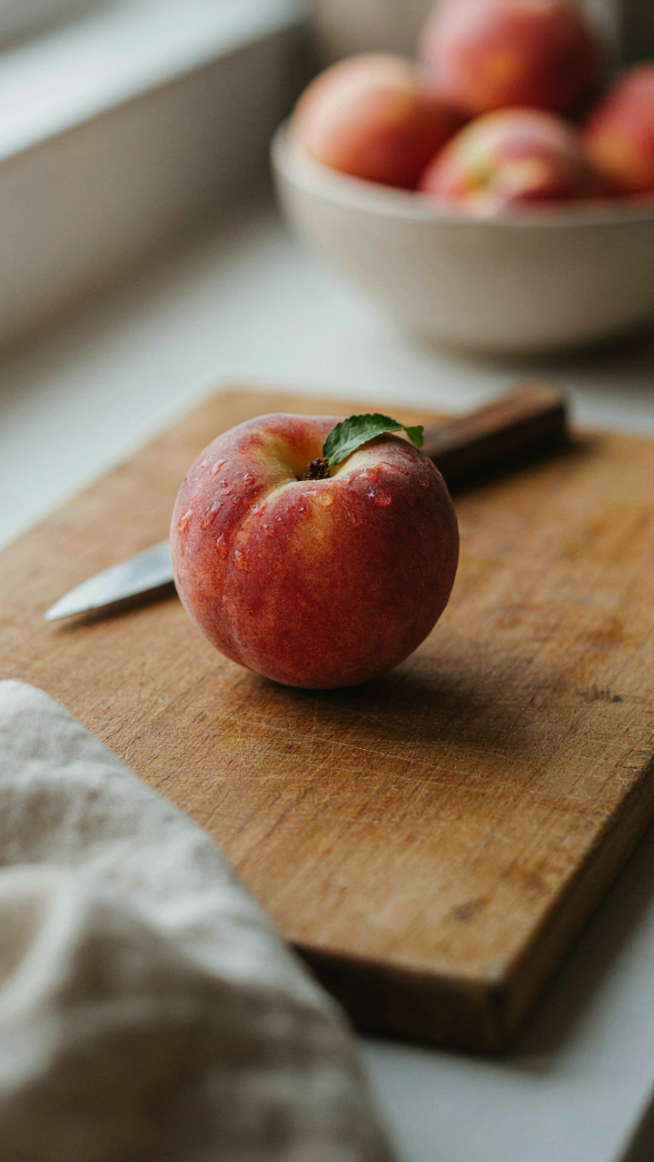 A perfectly ripe, juicy peach with glistening droplets sits on a cutting board.