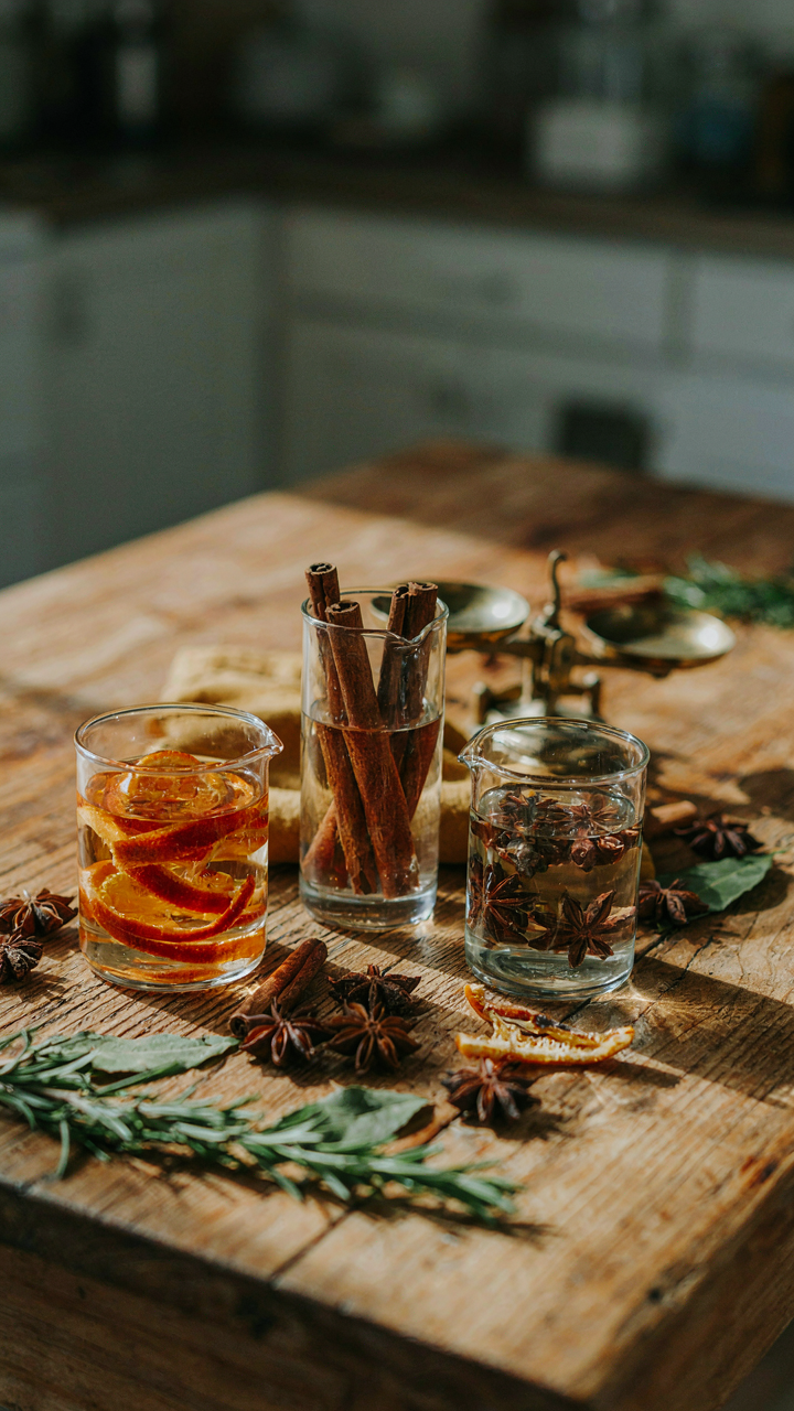 Dried winter botanicals steep in clear liquids in glass beakers.