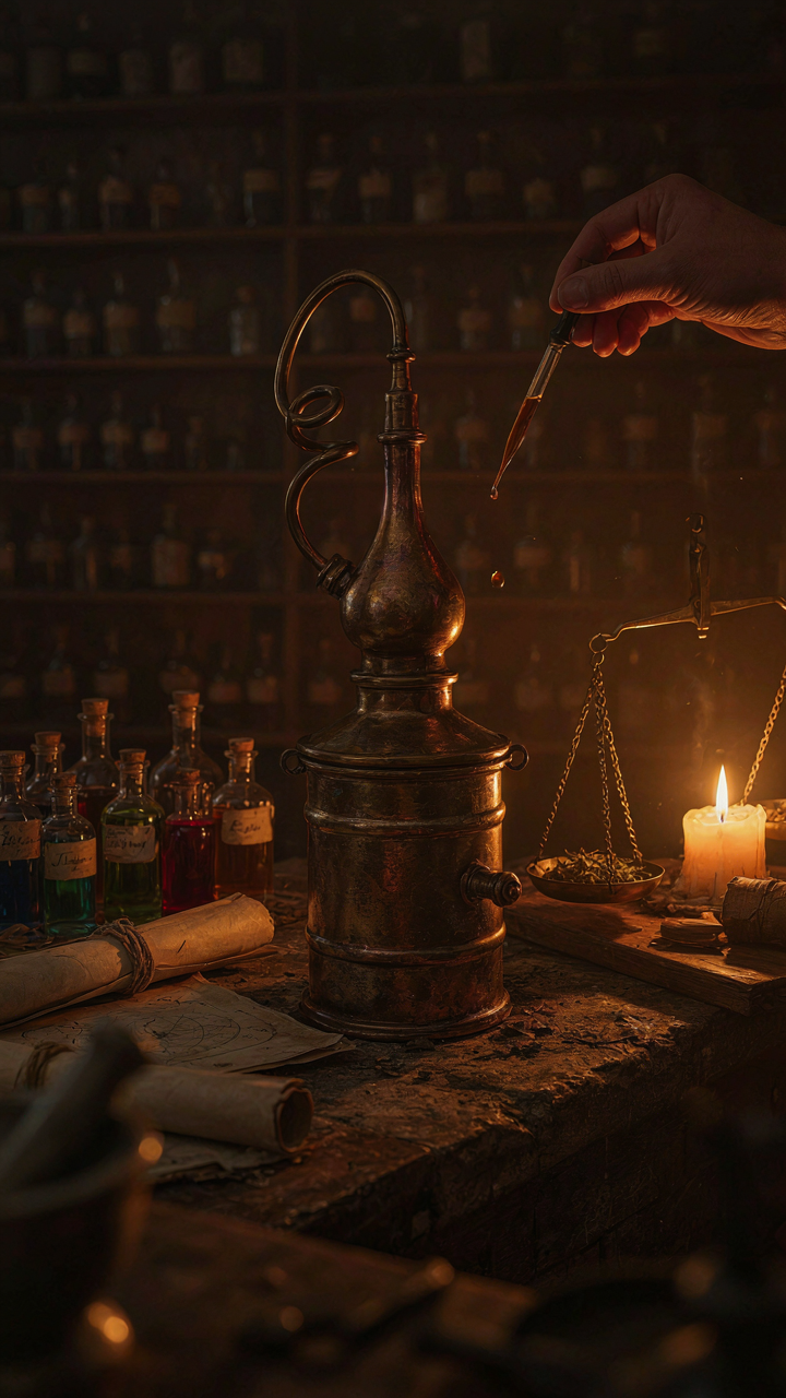 An alchemist's workshop with scales, glassware, and liquids being precisely measured.