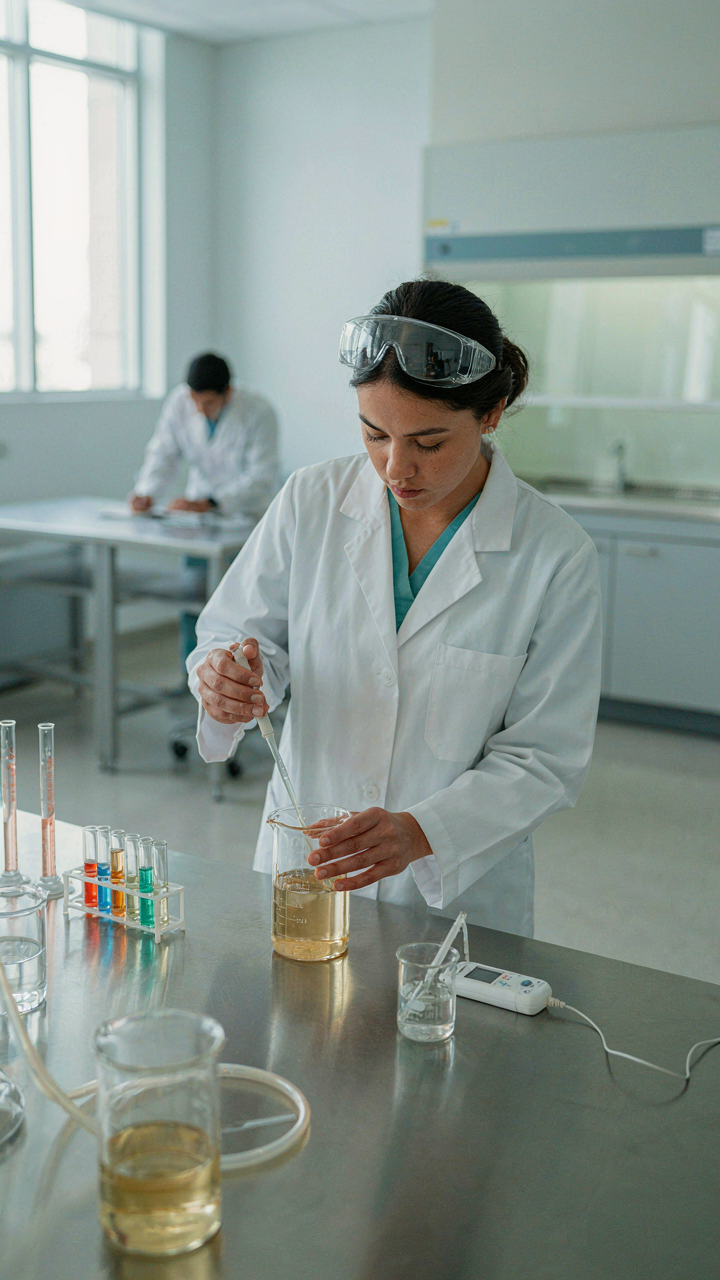 A chemist precisely measures liquids in a laboratory setting.