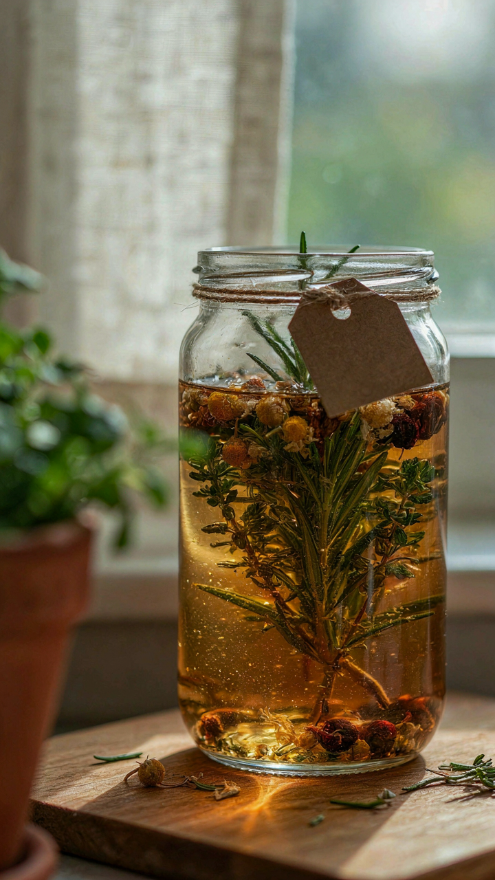 A glass jar with herbs steeping in liquid for an infusion.