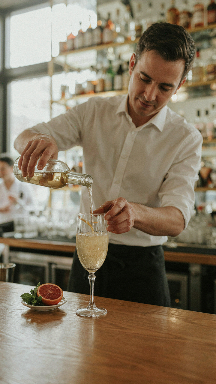 A bartender carefully pours a sparkling mocktail into a tall glass.
