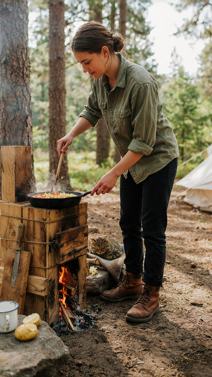 A person cooks a simple meal on a homemade wooden camp kitchen setup.