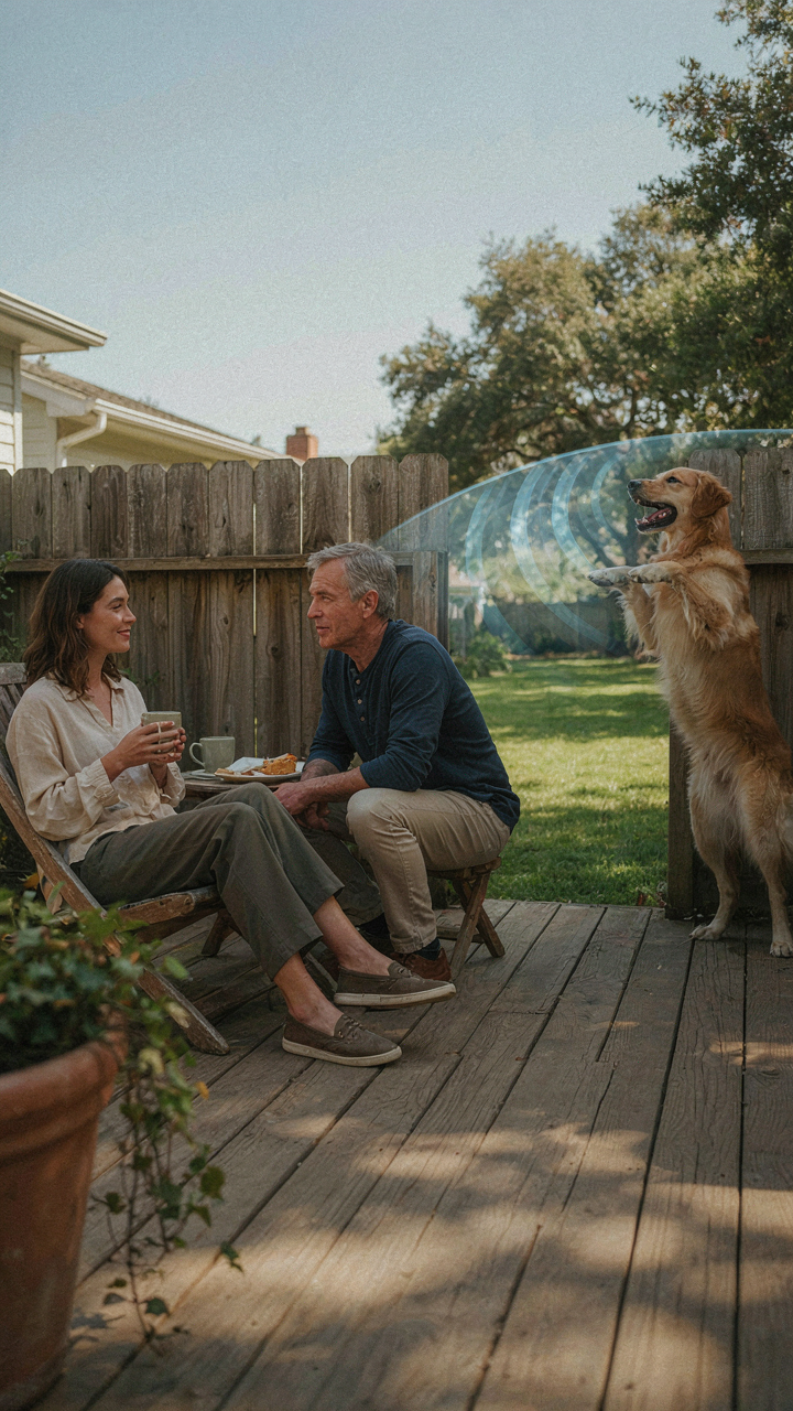 Sound waves from a barking dog bothering people trying to relax on a deck.