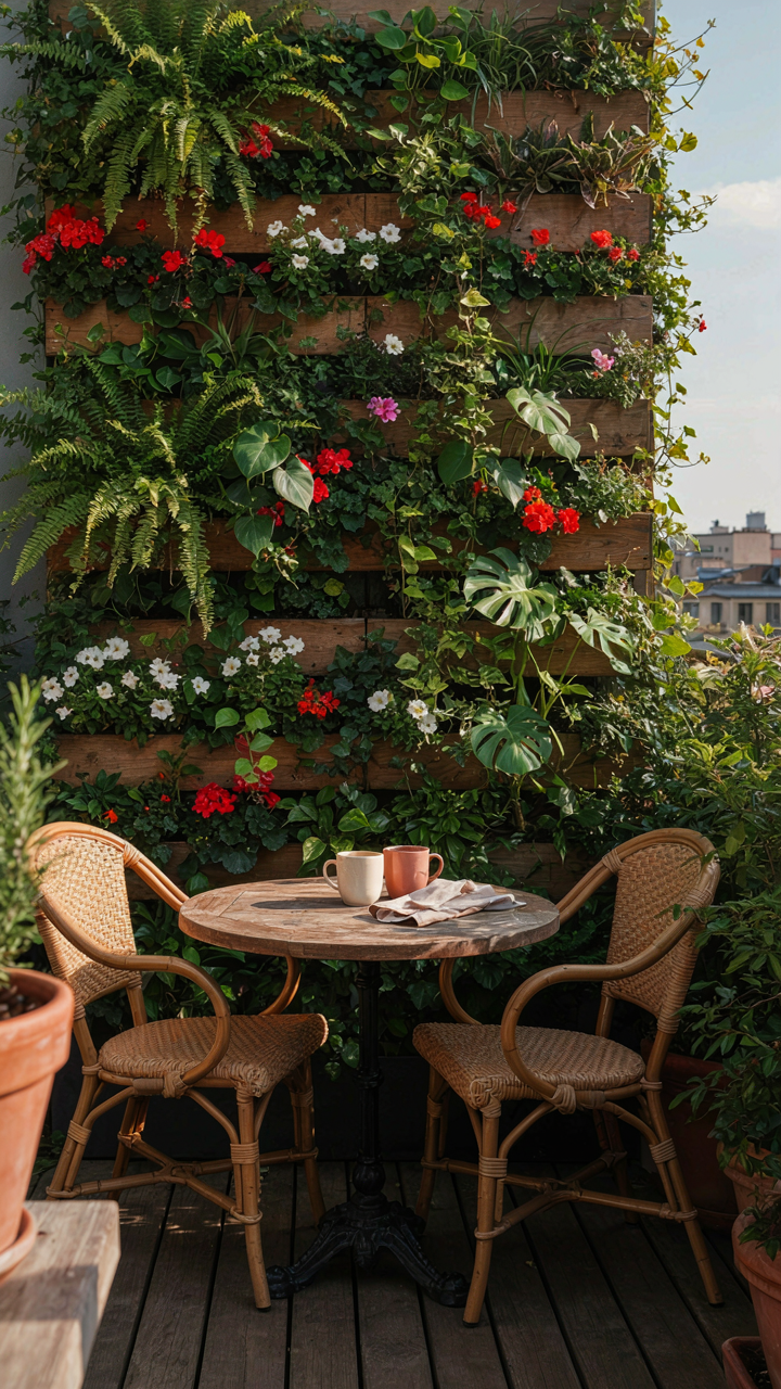 A multi-level vertical garden stands behind a small outdoor table.