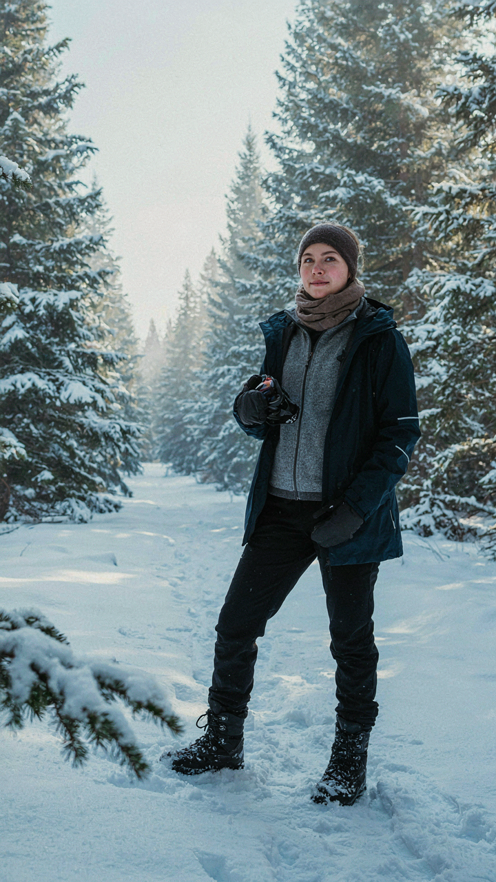 A person wears many layers of warm clothing in a snowy outdoor scene.