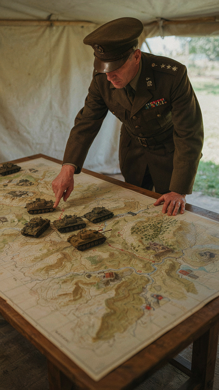 A military general plans a strategy on a detailed map.