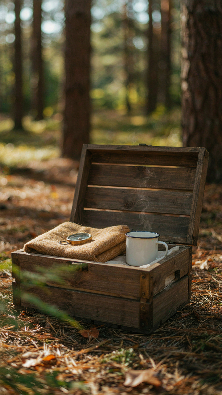 A minimalist camping crate with only essential items, showing empty space.
