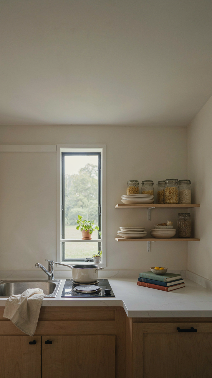 A serene, clutter-free RV kitchen showing everything in its place.