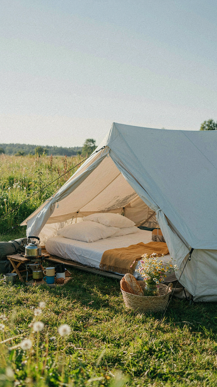 A large, comfortable festival tent with an open flap.