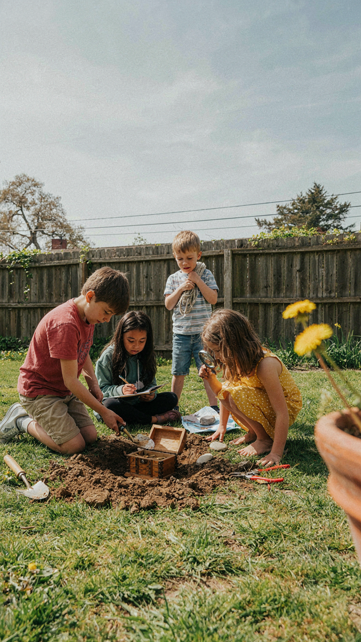 Children excitedly dig for a hidden prize during a treasure hunt.