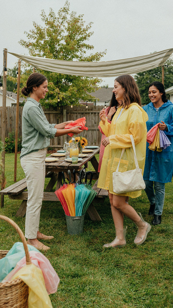 A cheerful host hands out umbrellas and ponchos to guests at a backyard party.