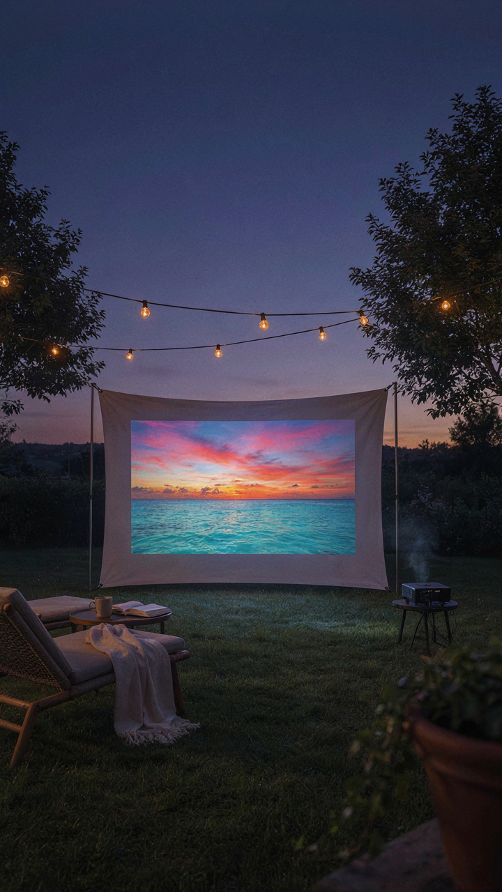 A bright outdoor projector shows a clear movie image in a backyard.