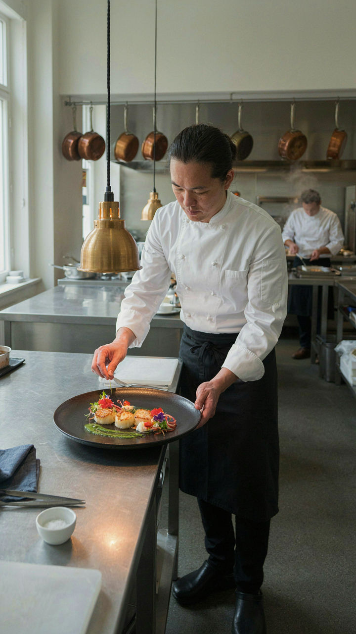 A chef carefully plates a unique, artfully arranged dish in a kitchen.