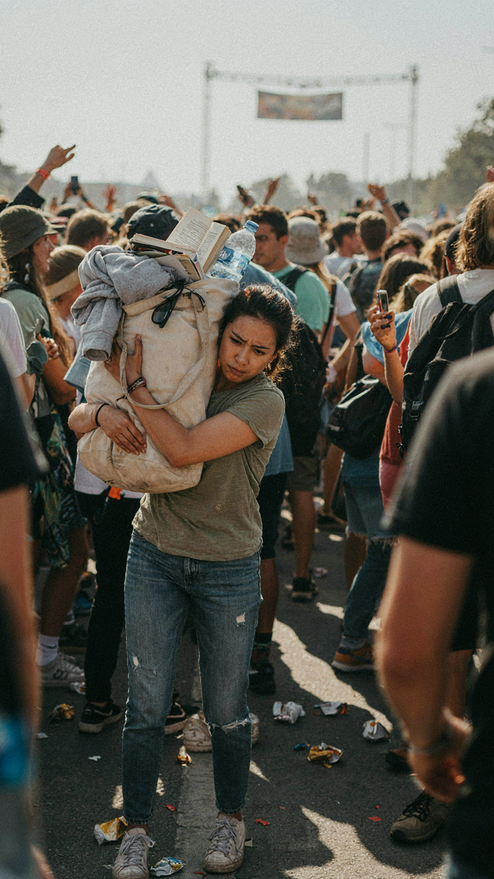A person struggles to carry an oversized, overflowing bag through a crowded festival path.
