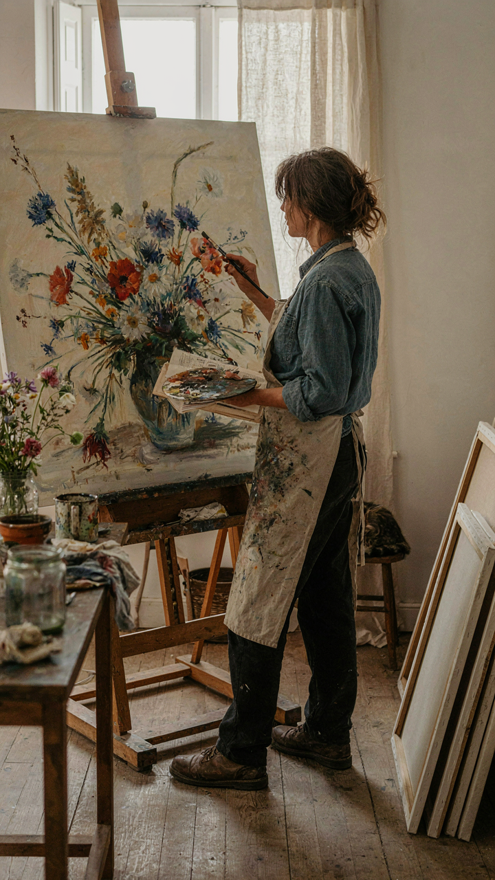 A painter creates a wildflower still life, not following a book.