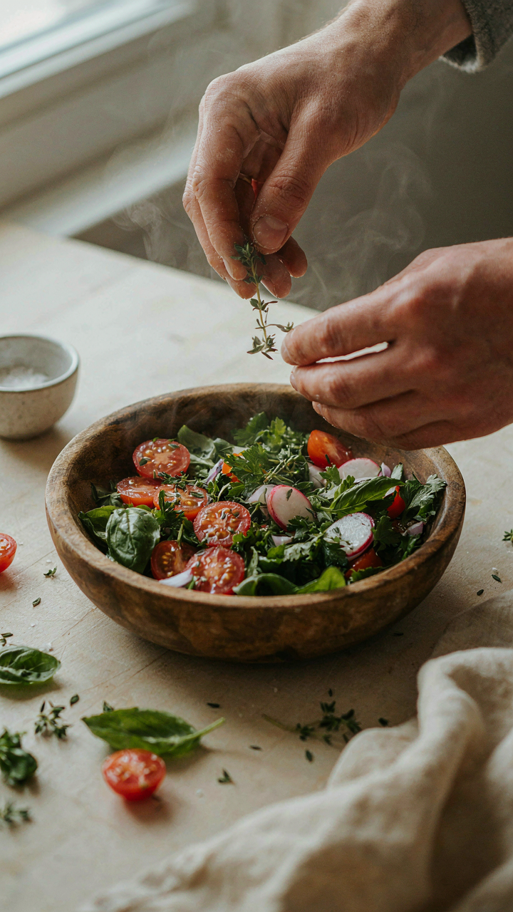 A chef's hands mix fresh herbs and vegetables in a wooden bowl.