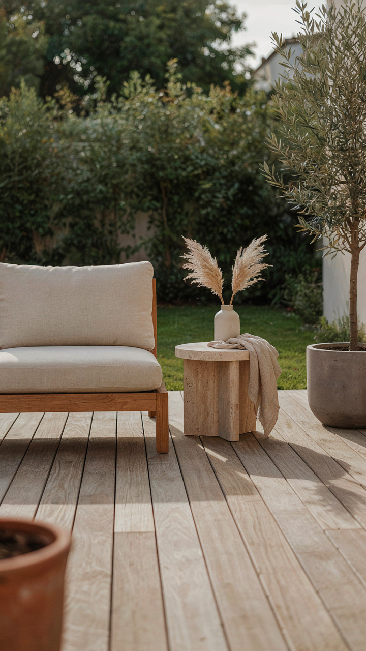 A minimalist backyard patio with elegant furniture and plants.