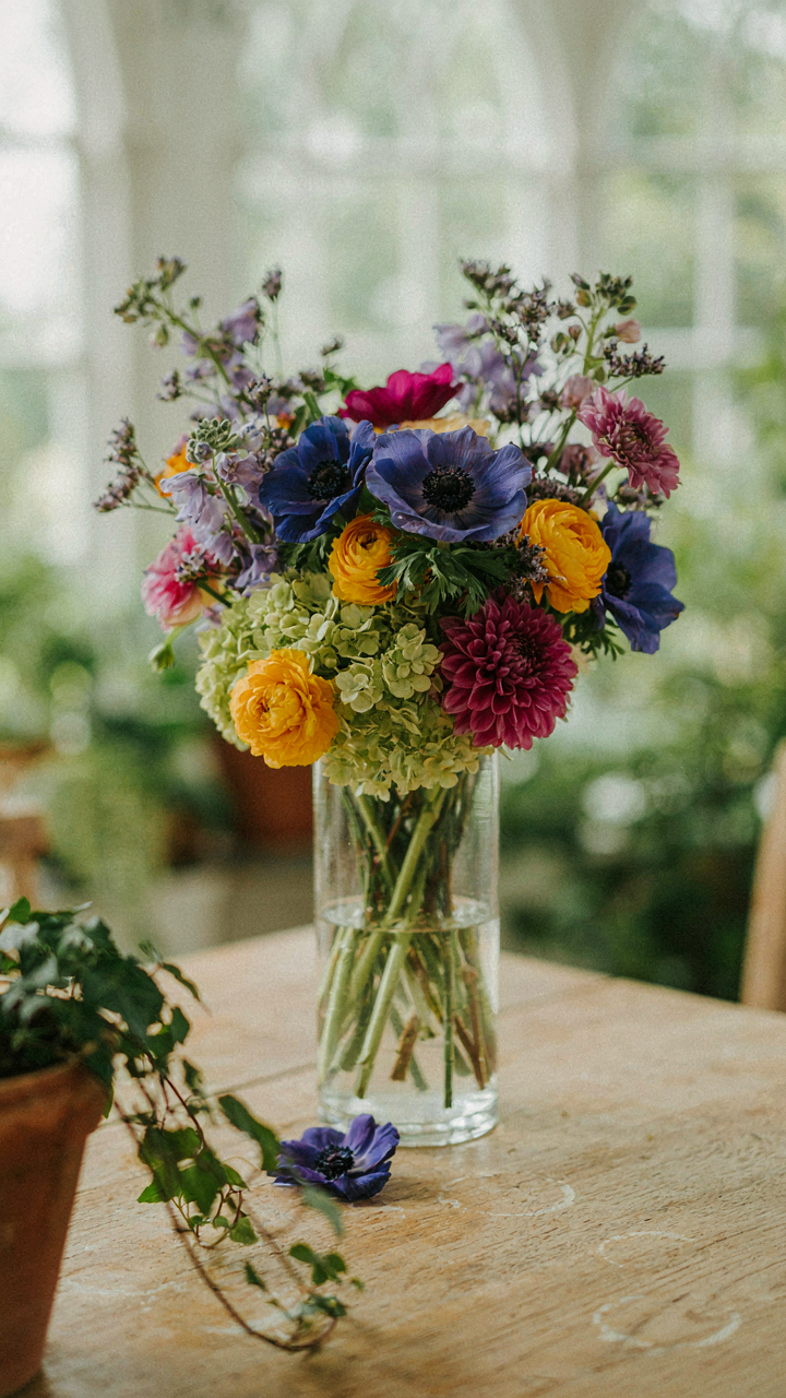 A unique garden party flower arrangement shows unexpected colors.
