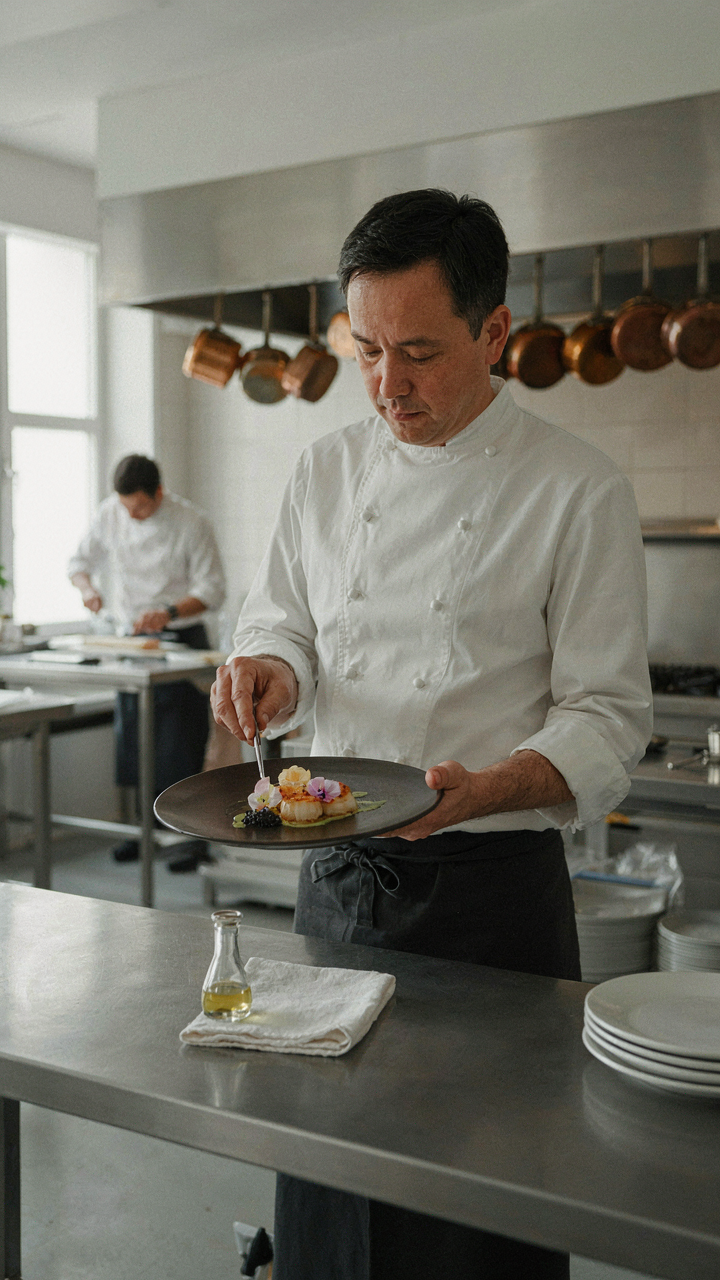 A chef calmly plates a dish in a clean kitchen.