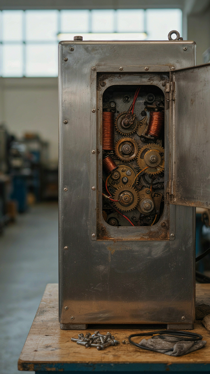 A complex machine with a small part missing, but still working.