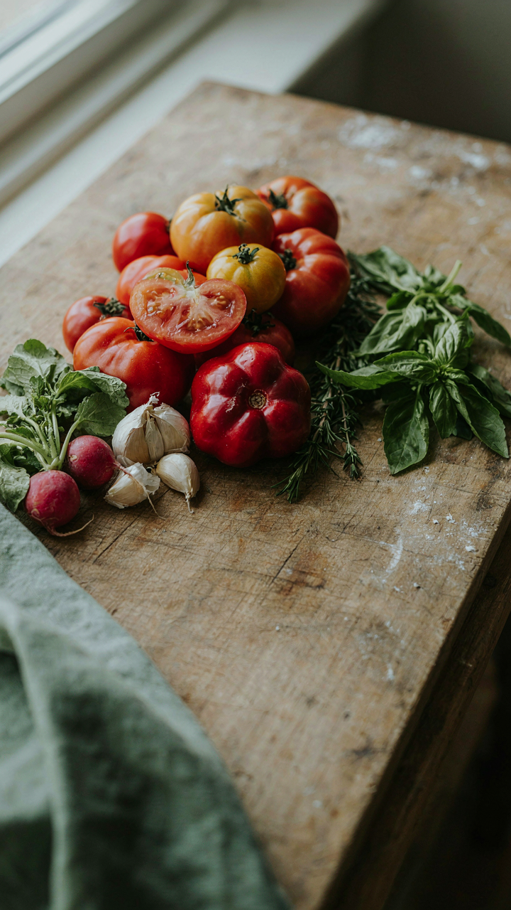A rustic edible centerpiece with slightly imperfect garden vegetables.