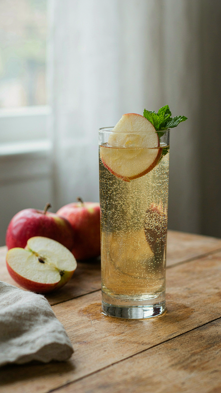 A sparkling apple mocktail with an apple slice and mint on a wooden table.